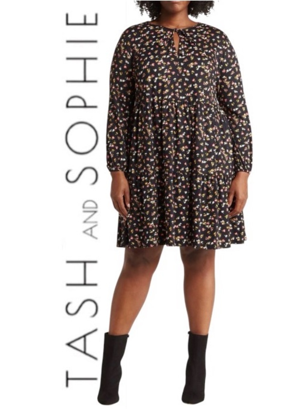 3X Tash + Sophie Short Swingy Tiered Dress with Long Sleeves